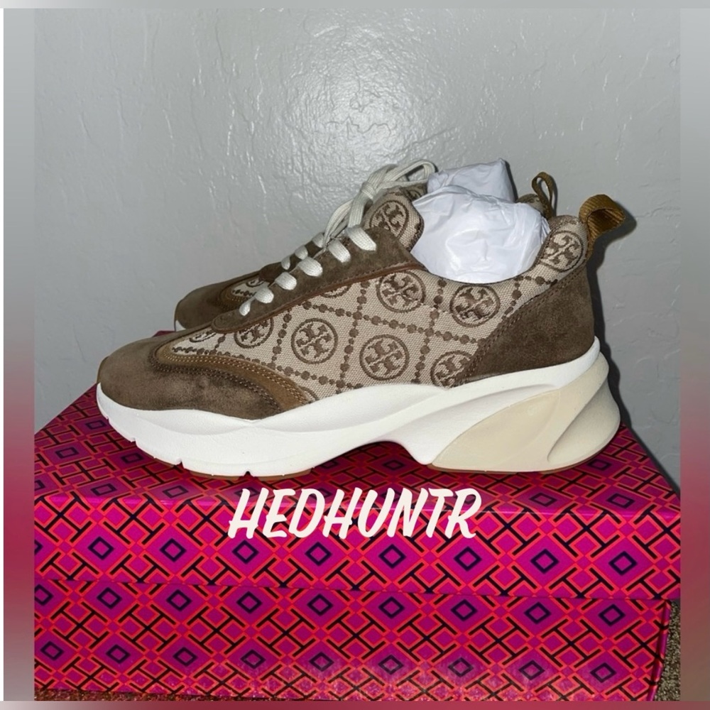 🎉HP🎉New! Tory Burch Good Luck Monogram Suede Sneakers- Hazel Size 8.5M👟 - Picture 6 of 9